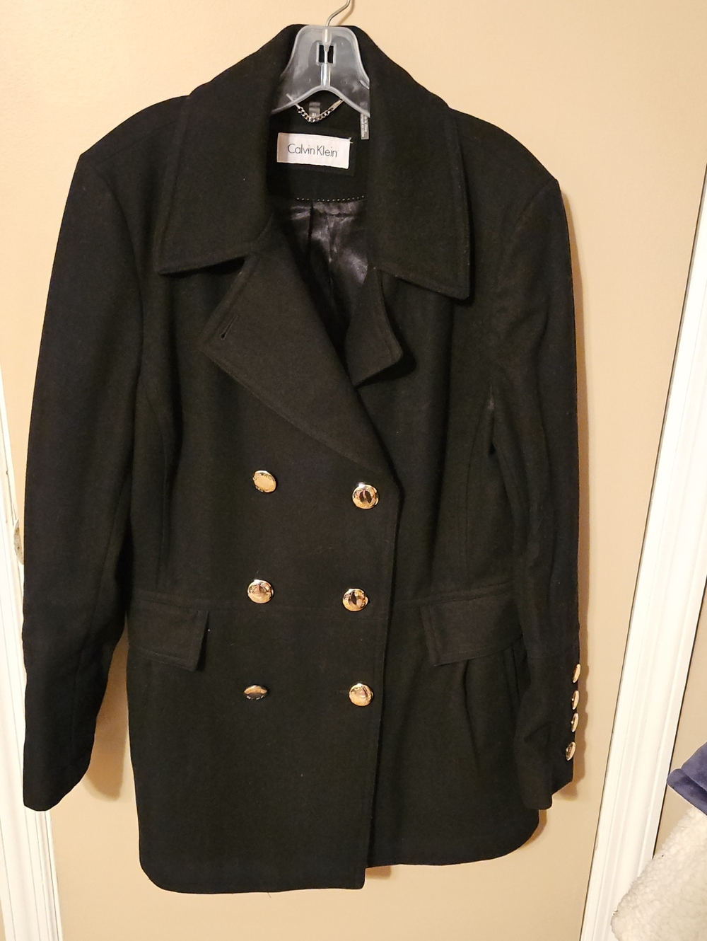 Womens Calvin Klein Black Double-Breasted Pea Coat with Gold Buttons